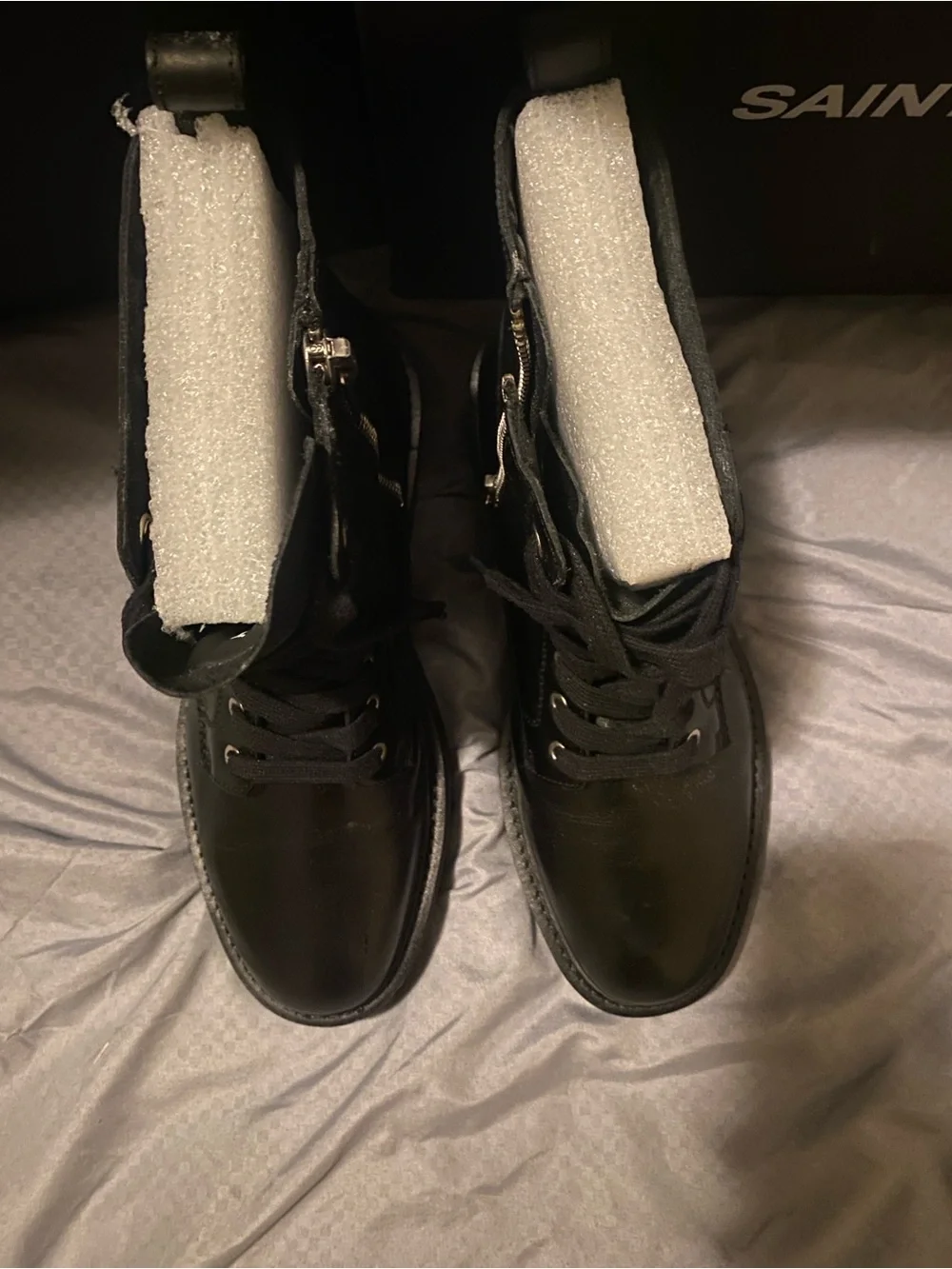 Saint Morta Black Leather Lace-Up Combat Boots with Side Zip